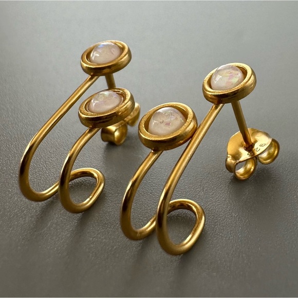 14k Vermeil Gold Semi Precious Double Opal Earrings - Picture 15 of 17